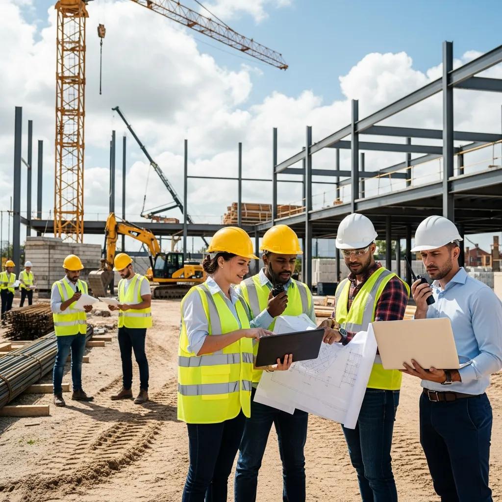 Diverse construction management team collaborating on-site with digital tools