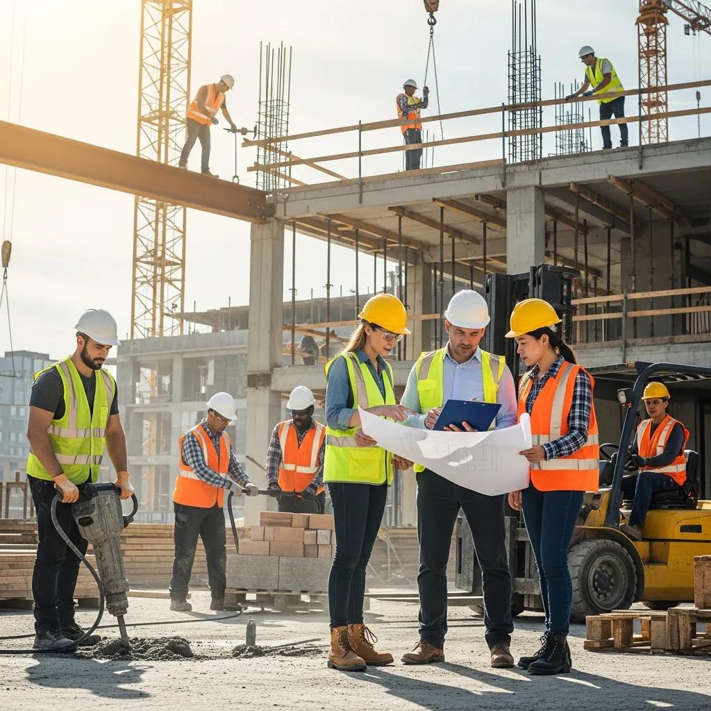 Diverse construction team collaborating on-site, emphasizing teamwork and inclusion