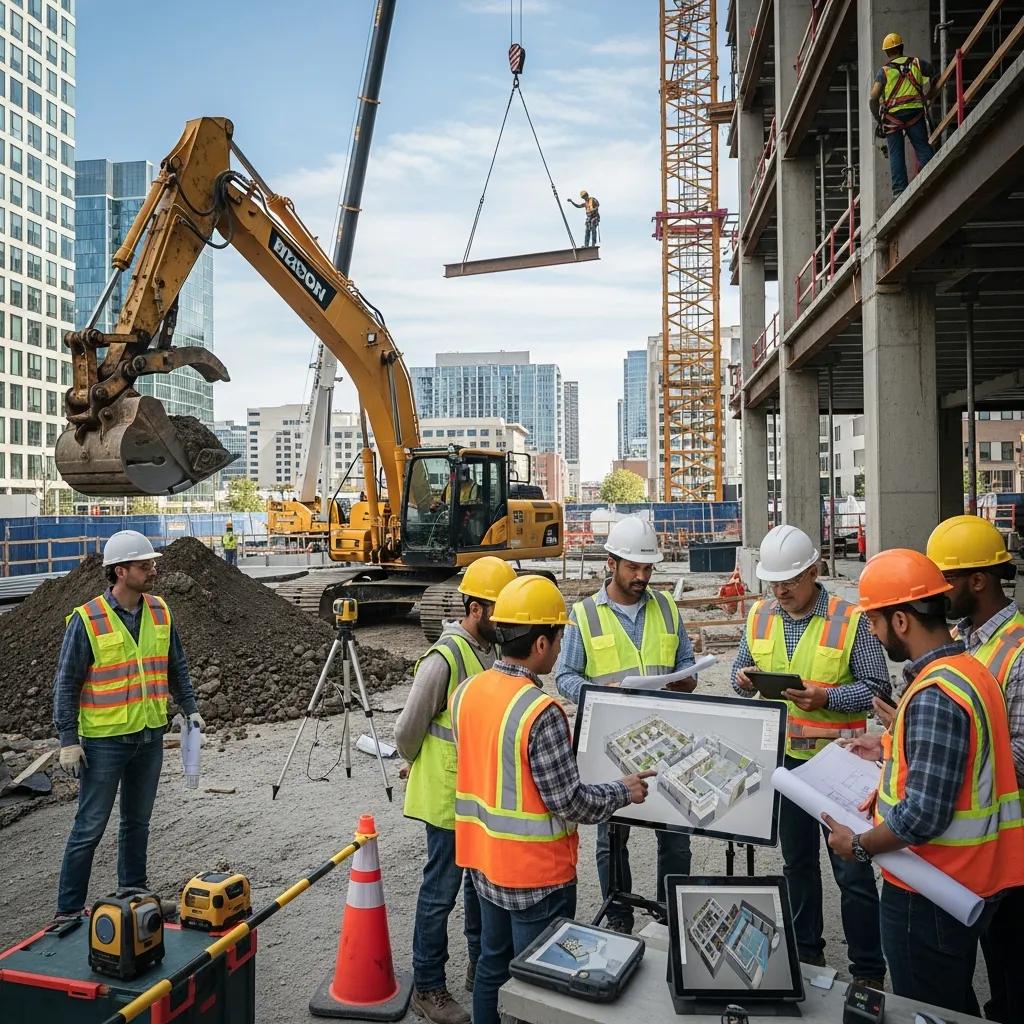 Diverse construction workers collaborating on-site with modern technology, emphasizing skilled labor in construction