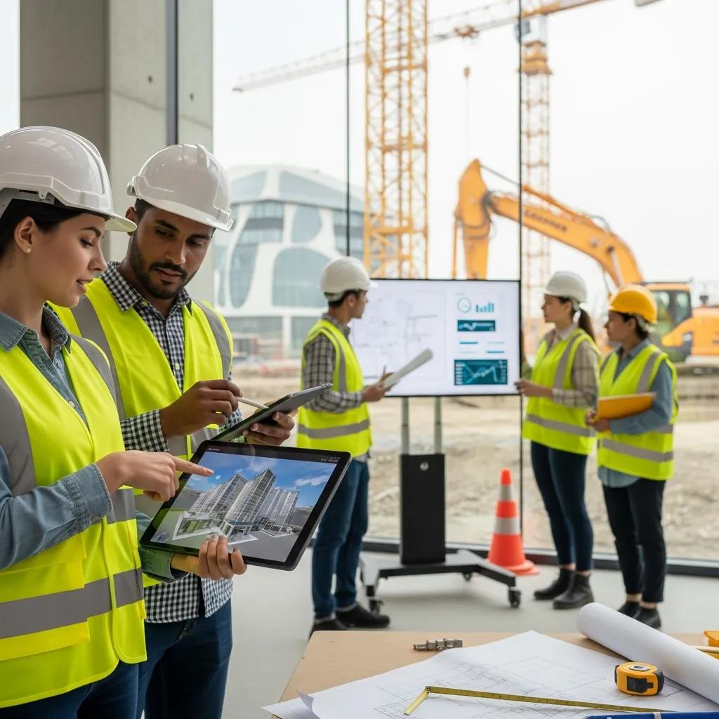 Diverse young professionals collaborating in a modern construction environment with advanced technology