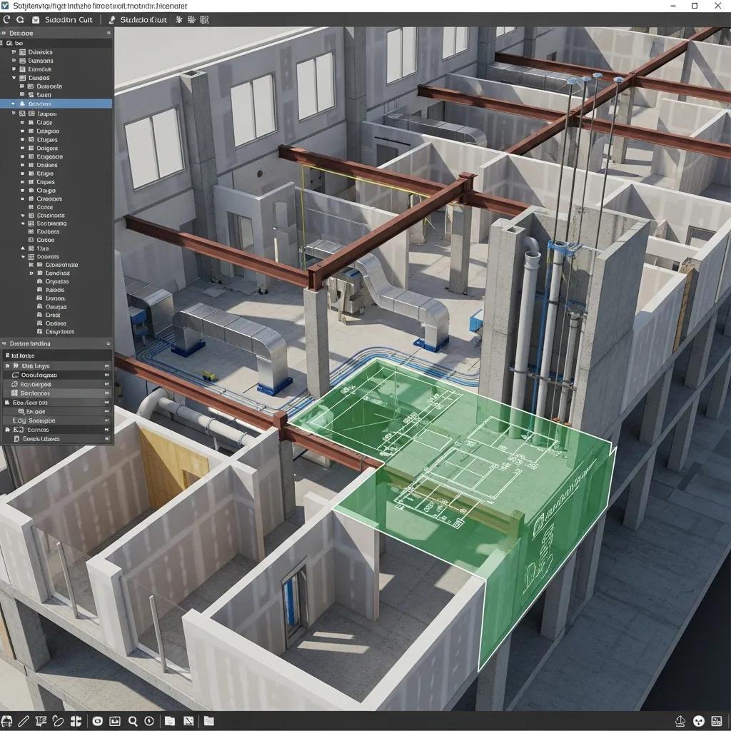 Immersive 3D construction environment showcasing detailed building model for VR