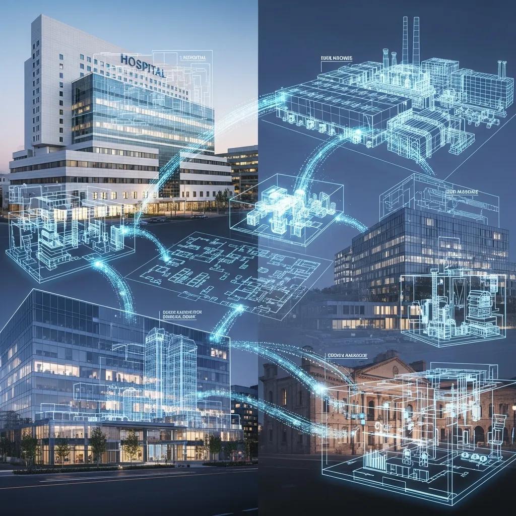 Digital overlay showing industry-specific BIM layout applications on a Raleigh project
