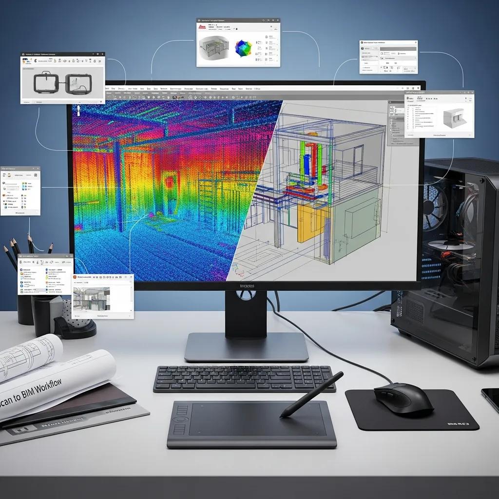 Point cloud being integrated into a BIM model on a workstation, illustrating scan-to-BIM workflow