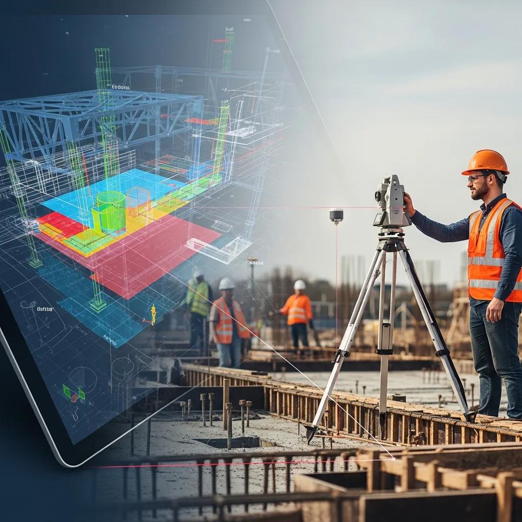 Digital BIM model displayed alongside a Robotic Total Station setup to show integrated workflows