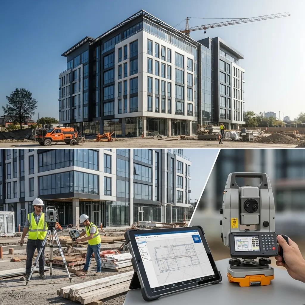 Modern commercial office building layout with Robotic Total Station technology in use