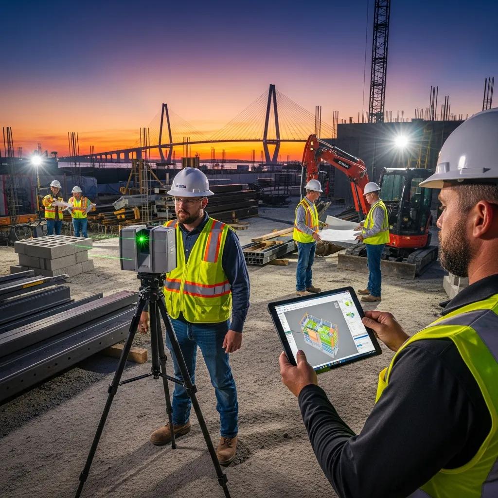 Modern construction site in Charleston SC showcasing Virtual Design and Construction technologies