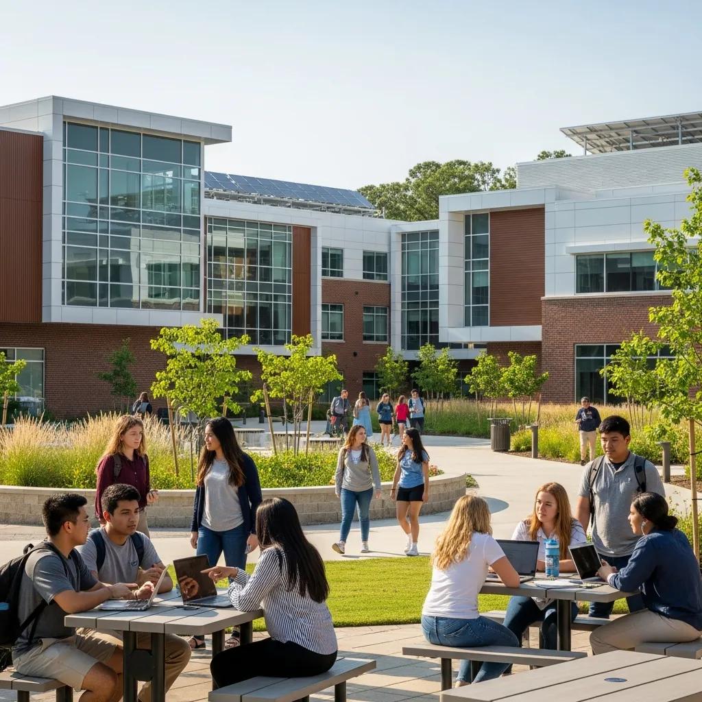 Modern educational campus in Virginia Beach with students collaborating outdoors