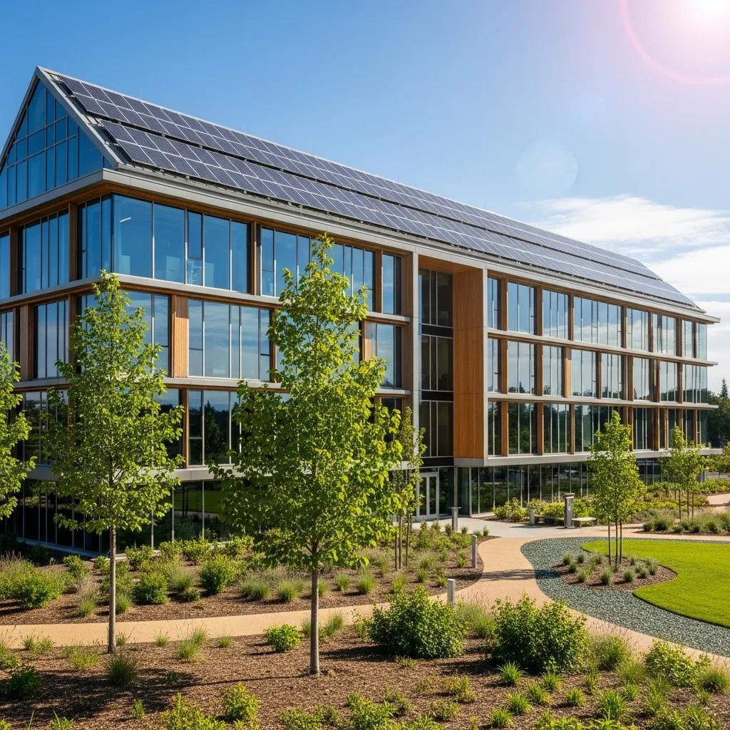 Modern energy-efficient building with solar panels and green landscaping