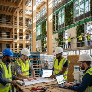 Modern green building construction scene highlighting life cycle assessment processes