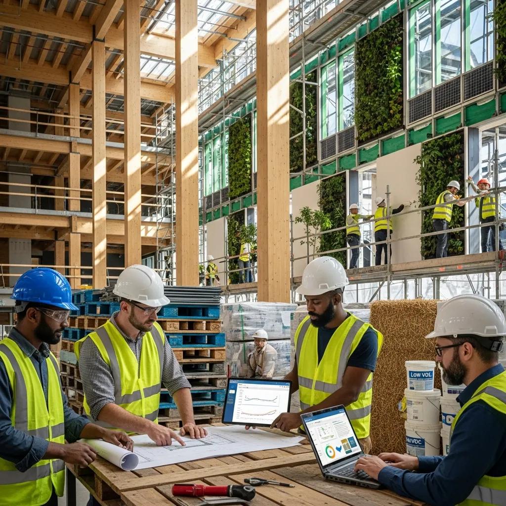 Modern green building construction scene highlighting life cycle assessment processes