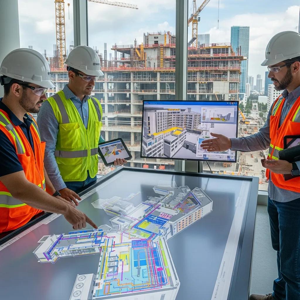 Modern healthcare facility layout with construction workers collaborating on BIM and VDC technologies
