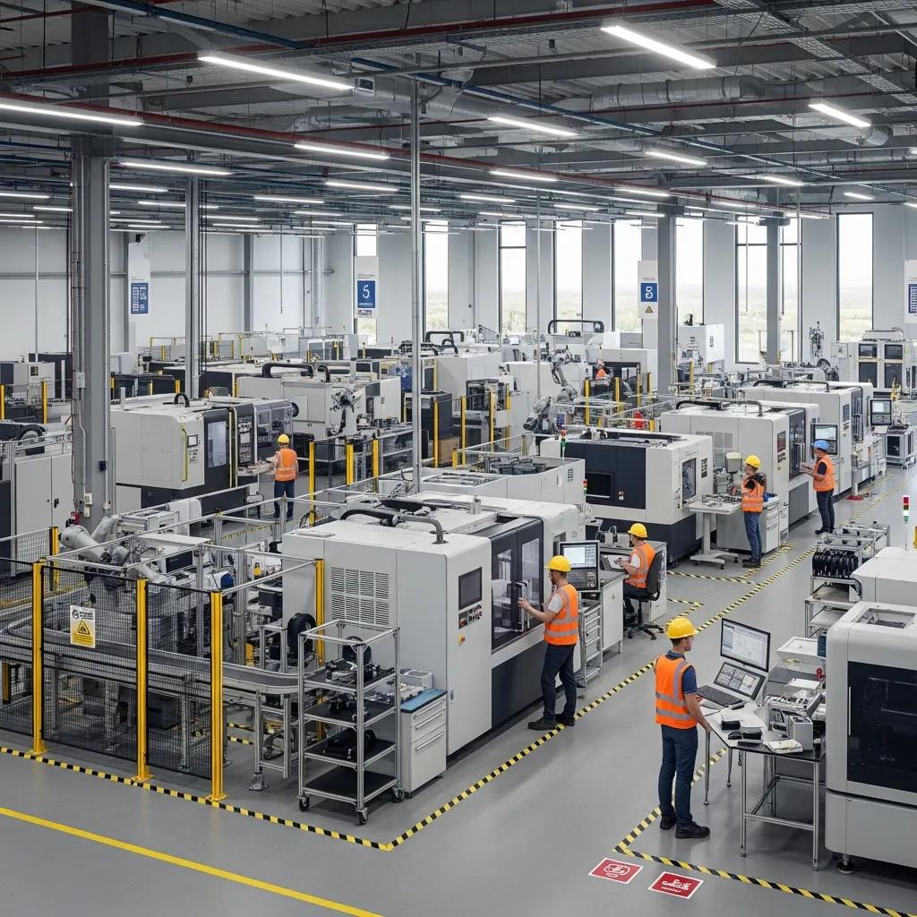 Modern industrial facility with advanced manufacturing equipment, organized workflows, and workers in safety gear optimizing production processes.
