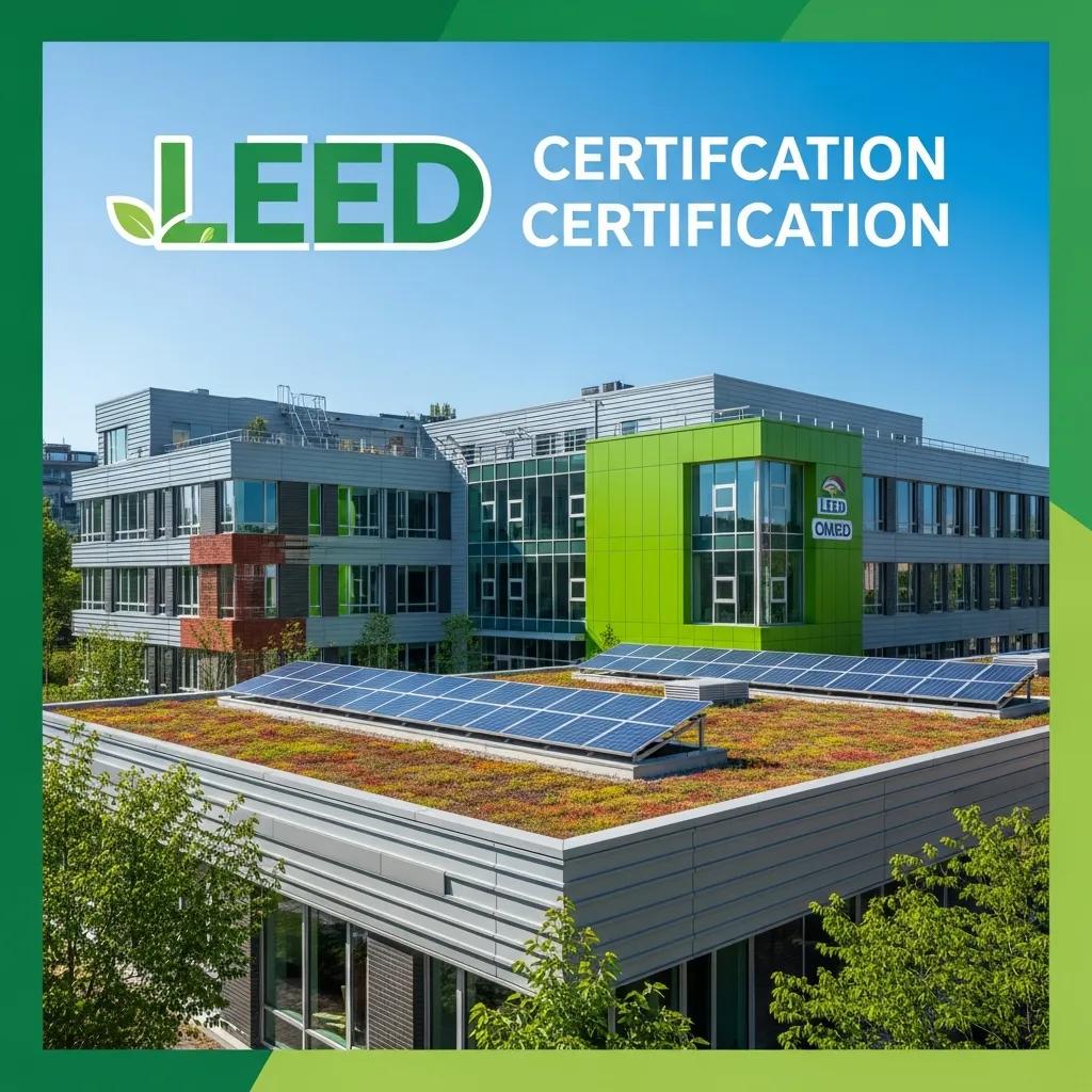 Modern sustainable building with solar panels and green roofs representing LEED certification