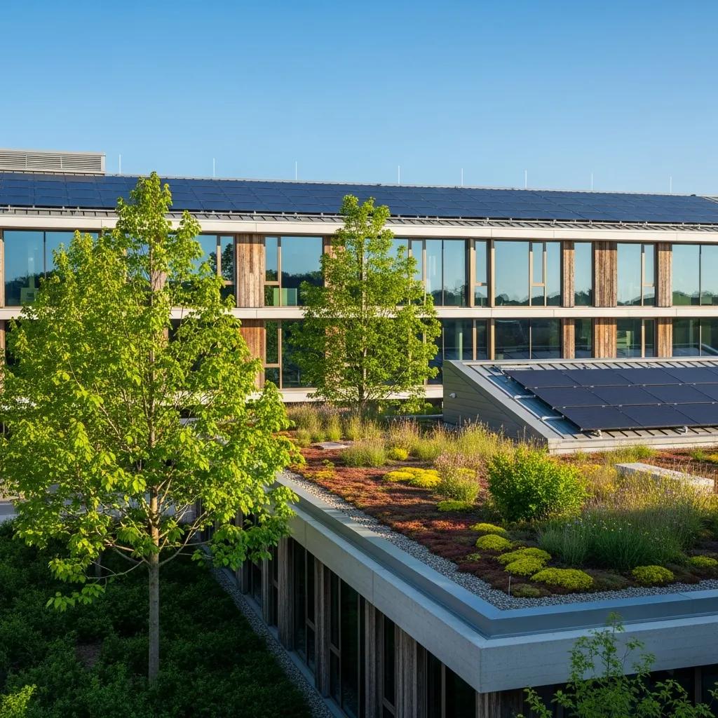 Modern sustainable building with solar panels and green roofs under a clear blue sky