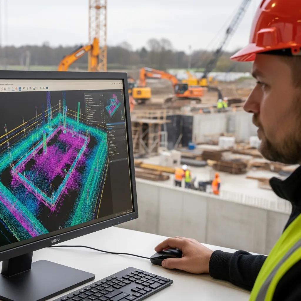 Point cloud on a monitor with a field technician reviewing data for as-built verification