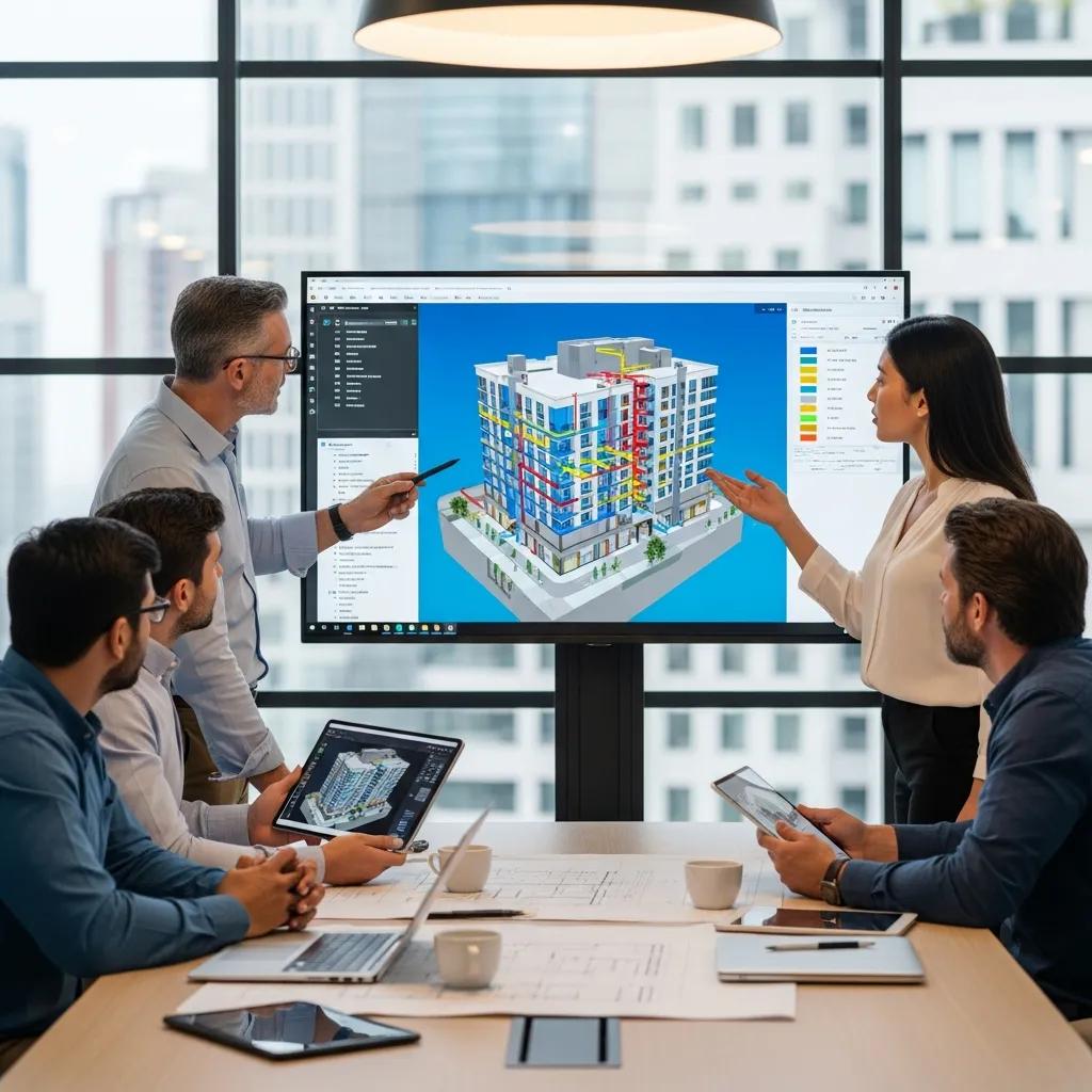 Project team in a BIM coordination meeting reviewing a federated model on screen