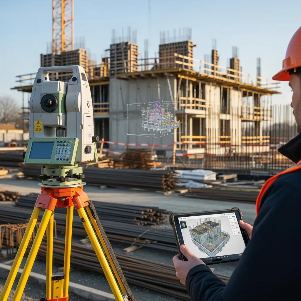 Robotic total station set up on a construction grid matching BIM coordinates