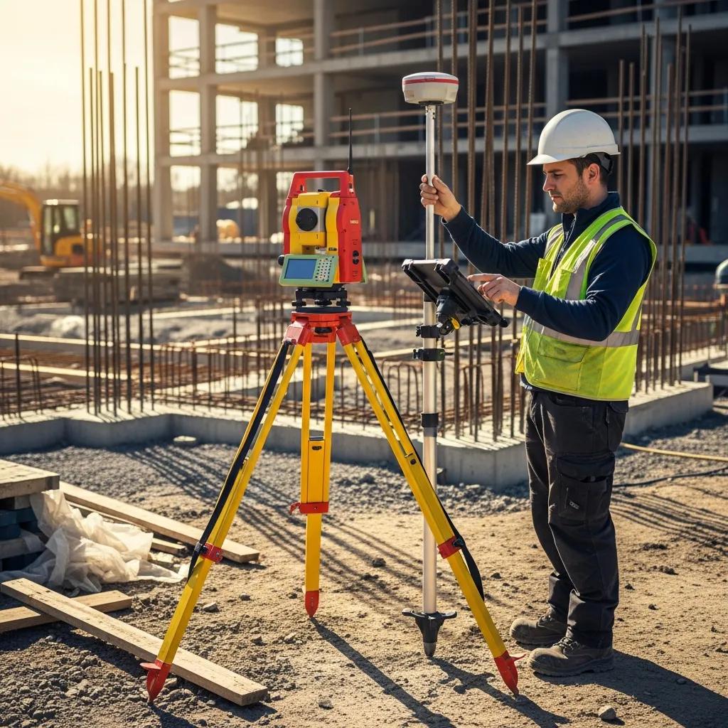 Robotic total station set up for precision anchor bolt layout on a foundation