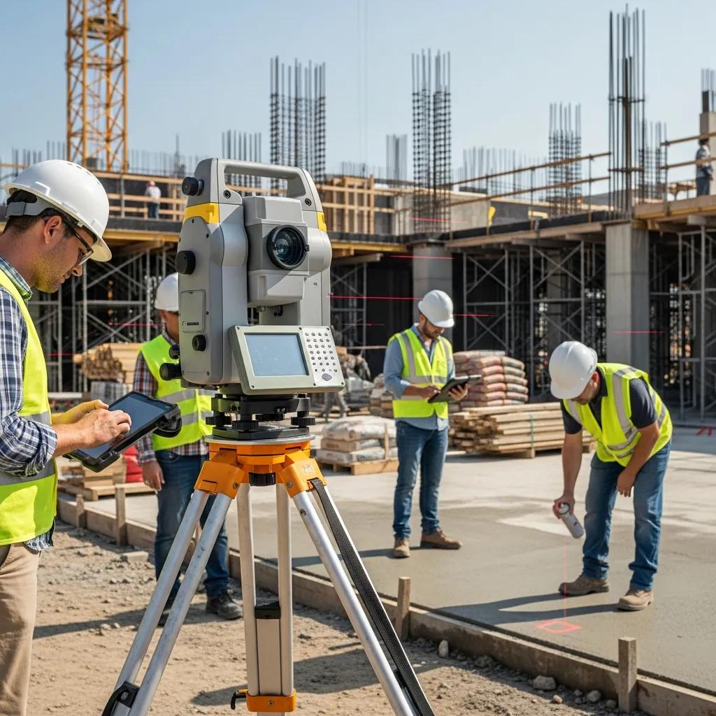 Robotic total station operating on a construction site to demonstrate automated layout