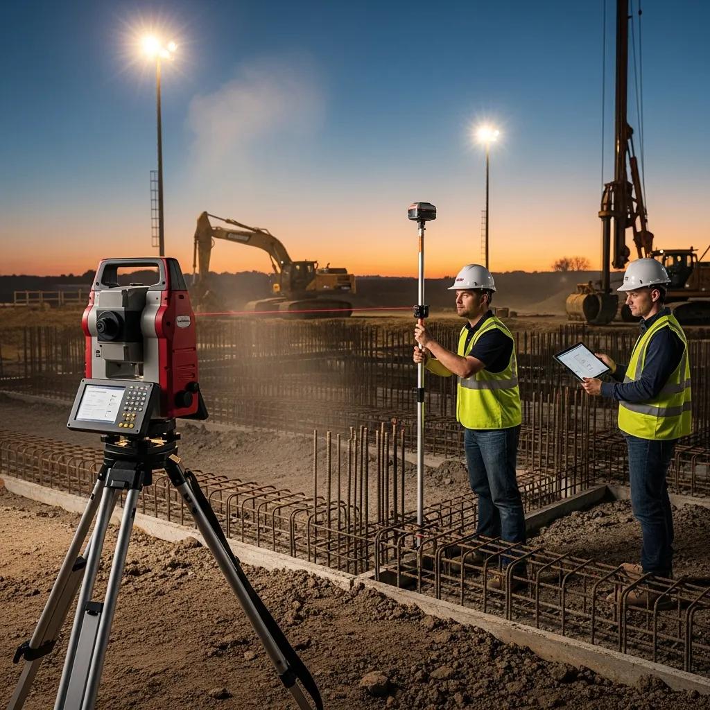 Field crew using a Robotic Total Station to stake out industrial anchor bolt locations