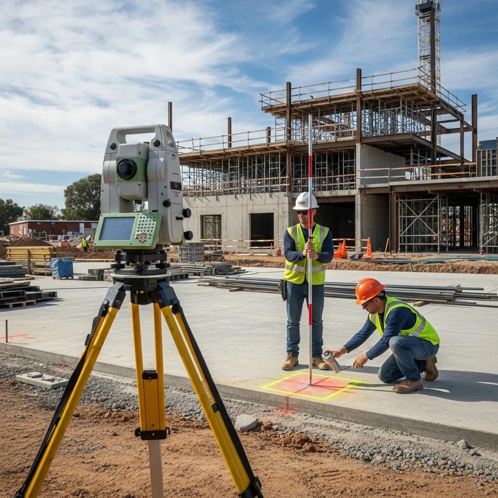 Robotic Total Station being used for precision layout on a school construction site