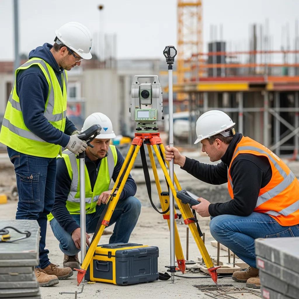 Robotic Total Station in use on a construction site for MEP layout, highlighting precision and technology