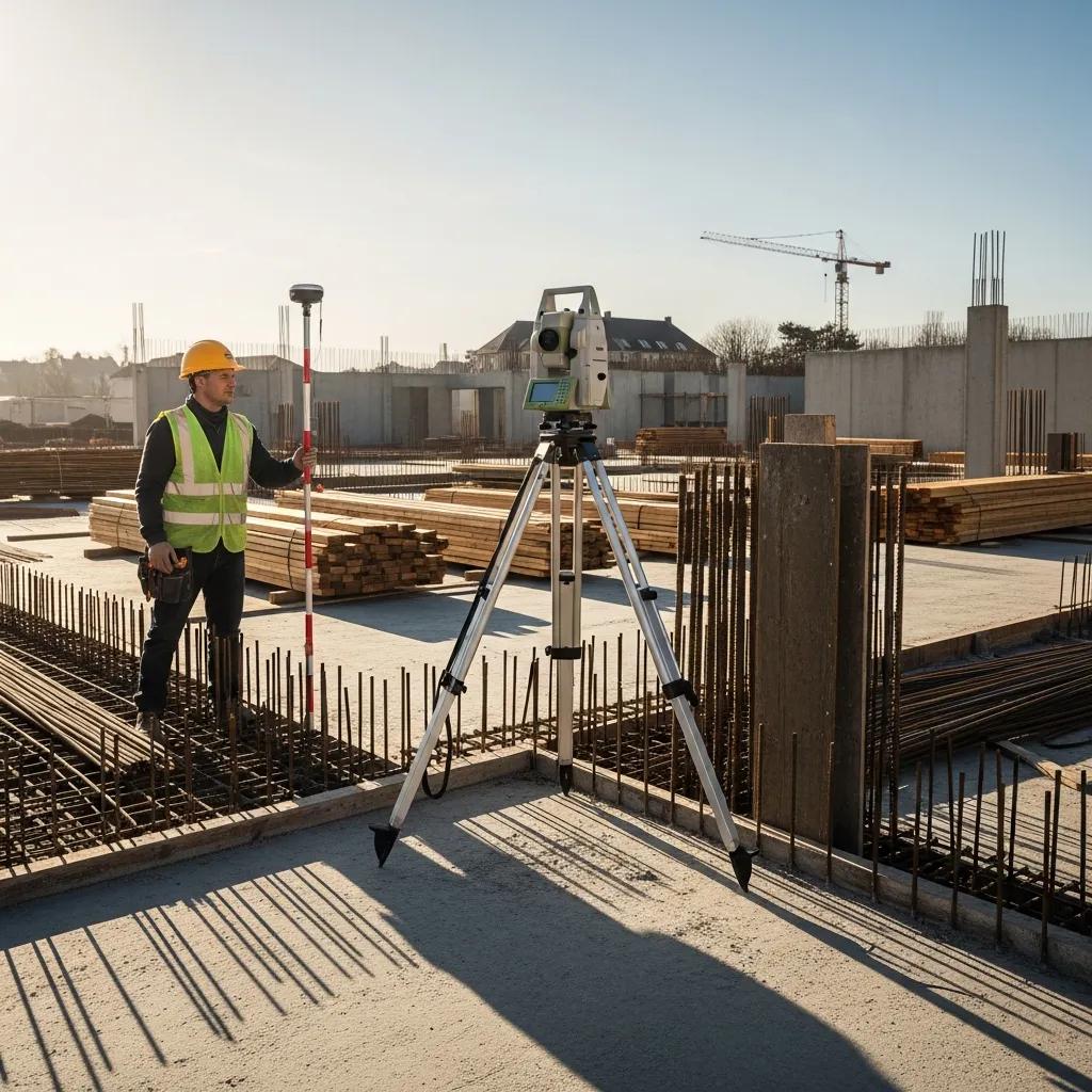 Robotic Total Station in use on a construction site for precise architectural layout