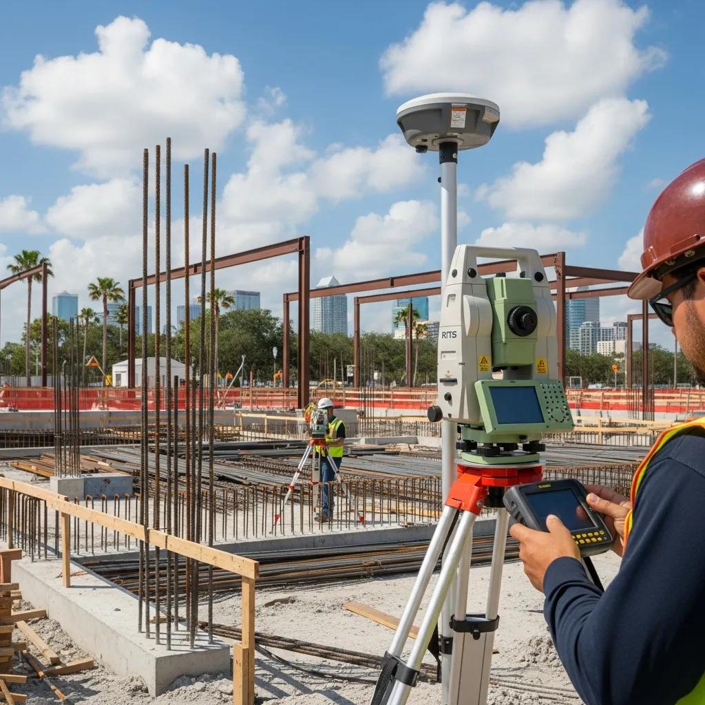 Robotic Total Station in use on a Tampa construction site, illustrating precision layout for structural projects