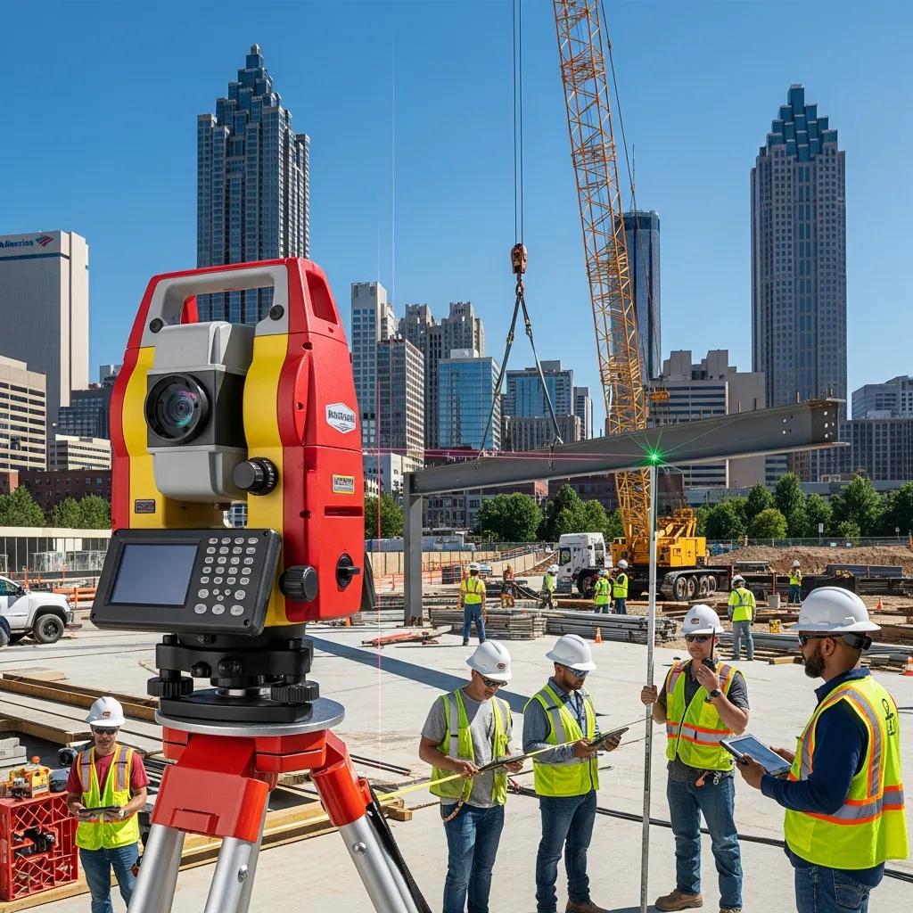 Robotic total station on a construction site in Atlanta, demonstrating automated layout services