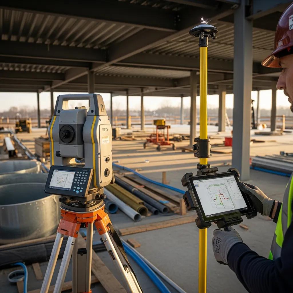 Robotic Total Station technology in use on a construction site for precise MEP layout
