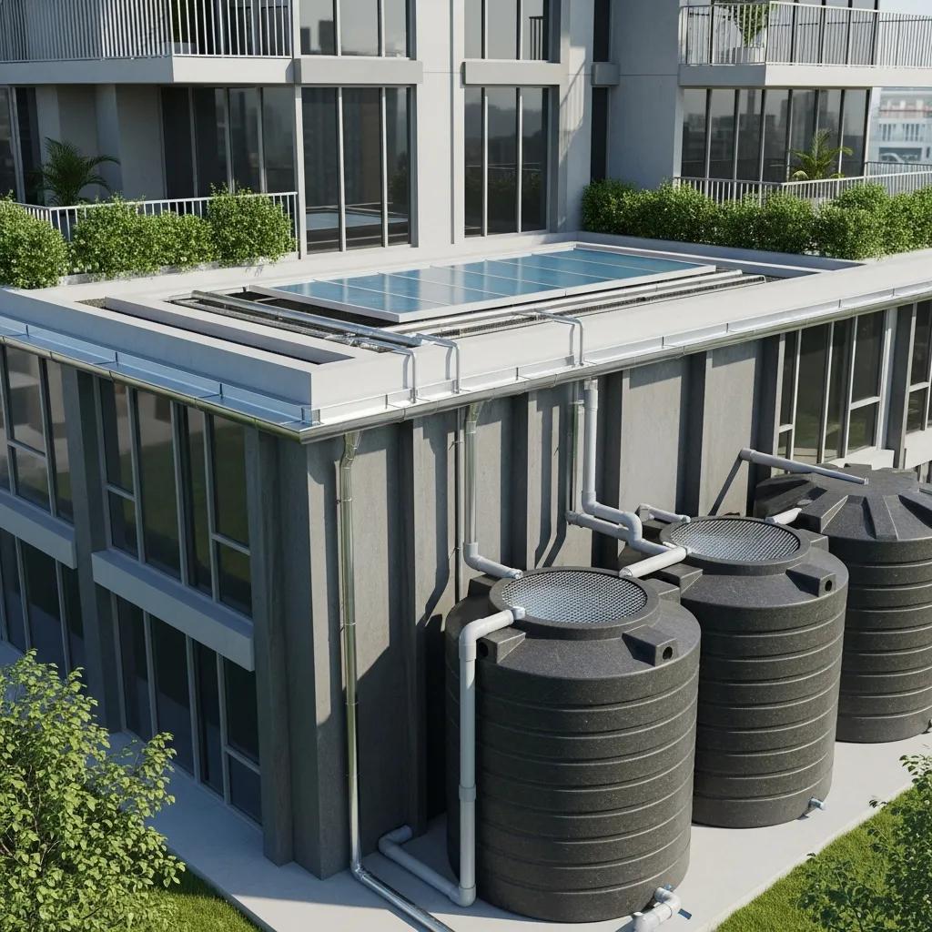 Rooftop system collecting rainwater into storage tanks with filtration and distribution