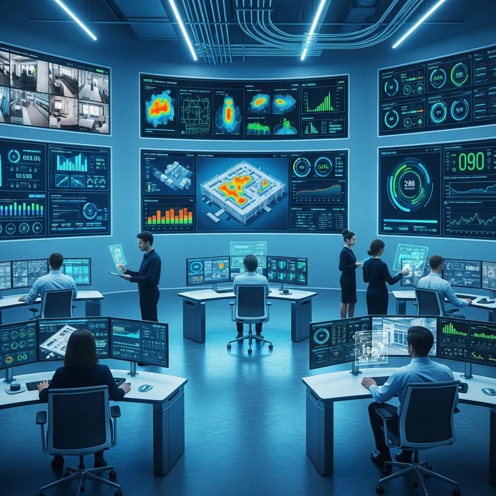 Control room dashboard displaying real-time energy monitoring and building analytics