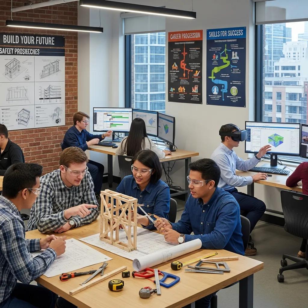 Students practicing hands-on construction management exercises in a classroom