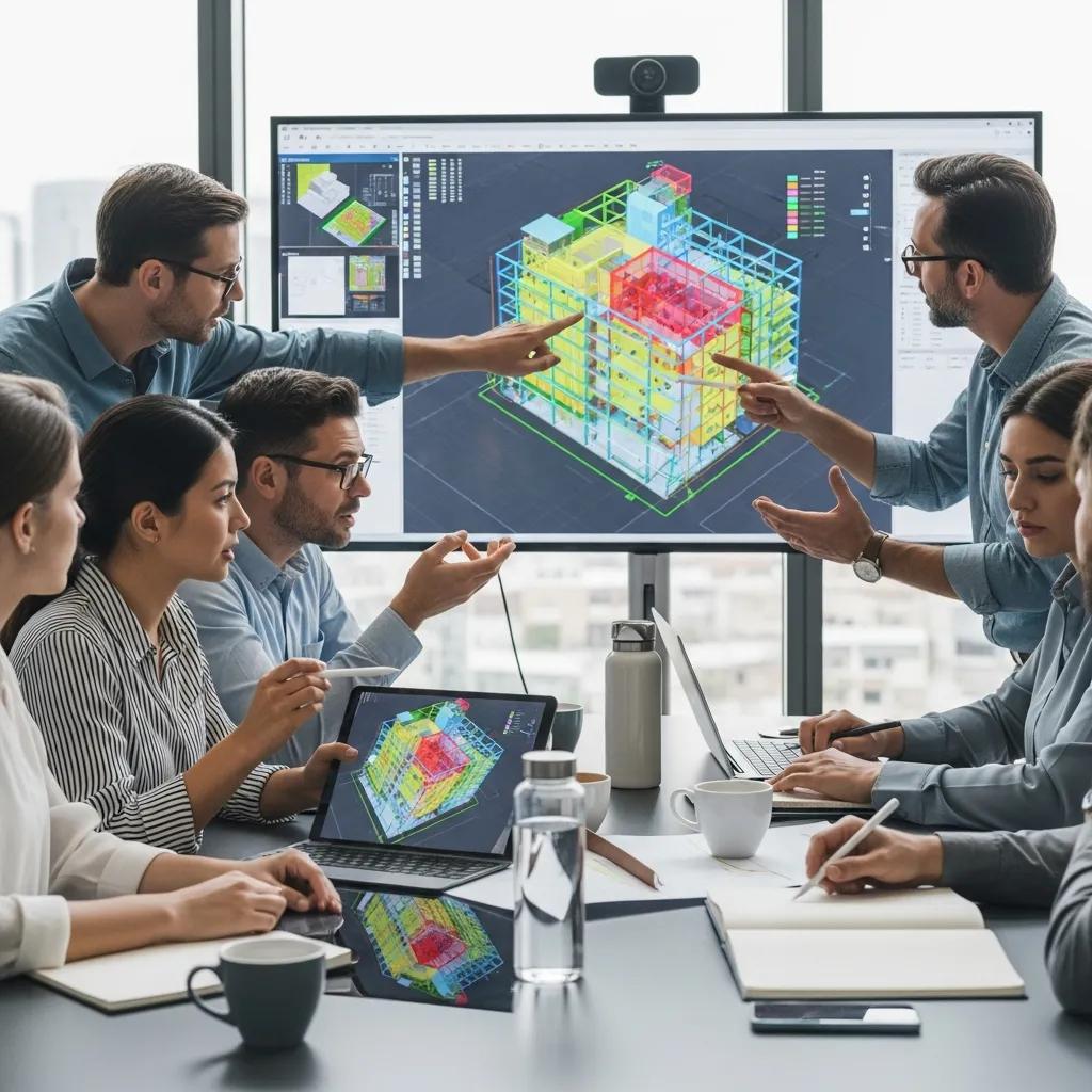 Team in a BIM coordination meeting reviewing clashes between MEP and structural models