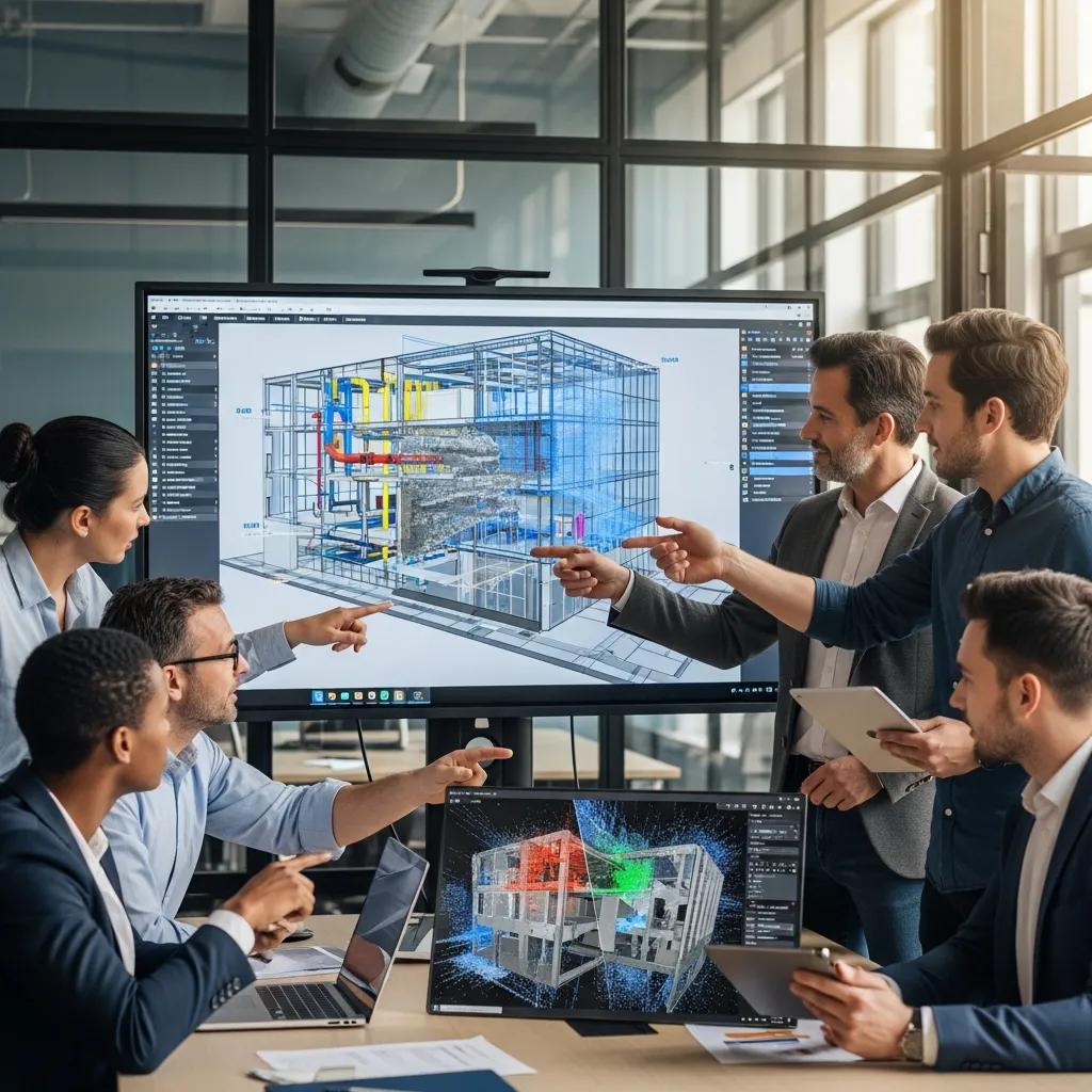 Project team reviewing scan data and BIM integration in an office