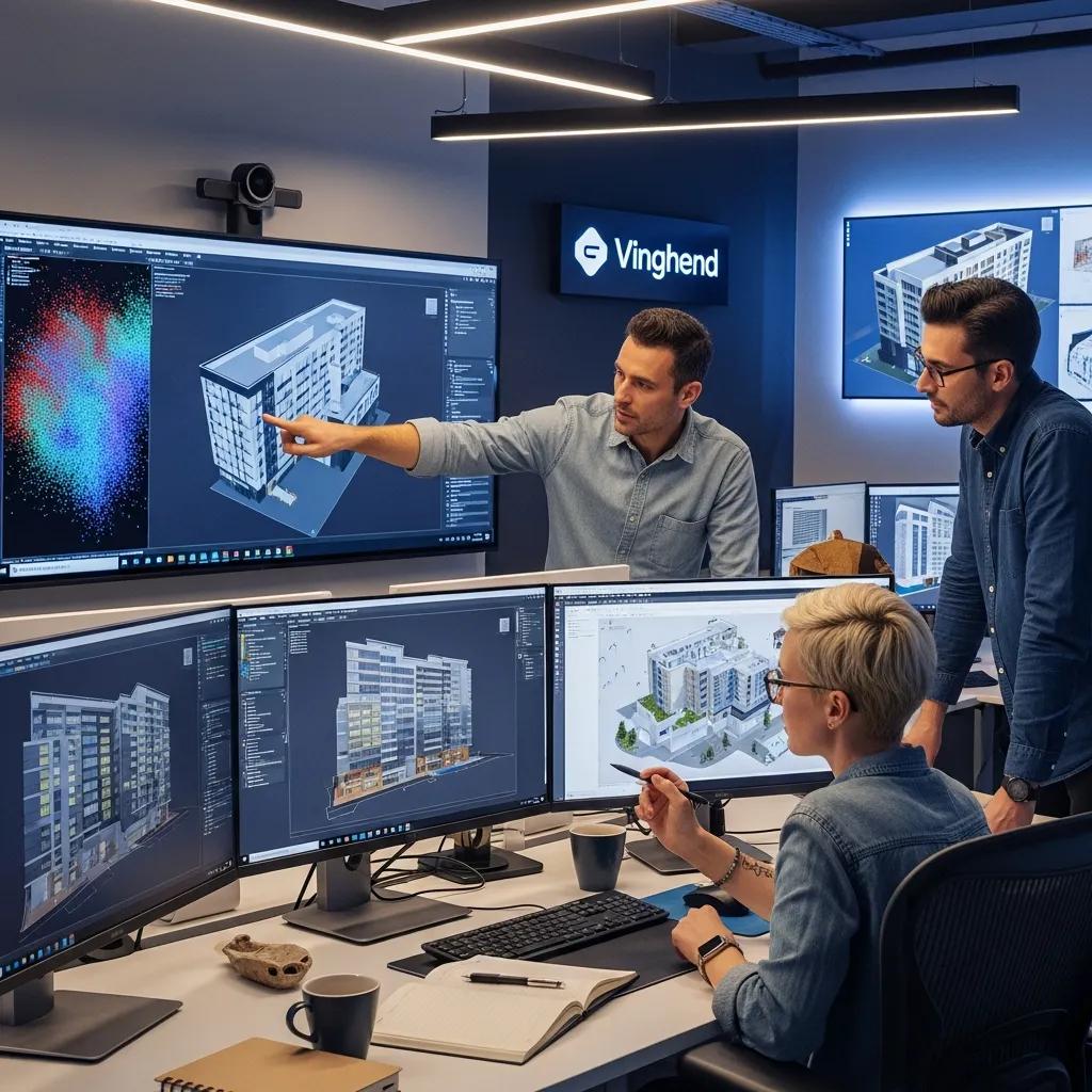 Project team collaborating on BIM modeling from point cloud data in an office setting