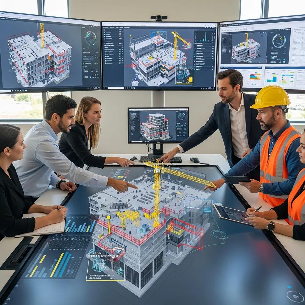 Project team reviewing a coordinated VDC model to plan safer site logistics