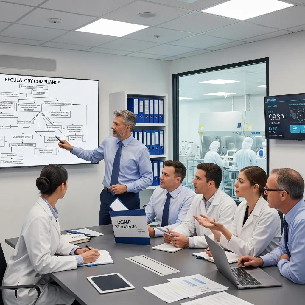 Project team reviewing cleanroom layout and regulatory requirements with verification tools