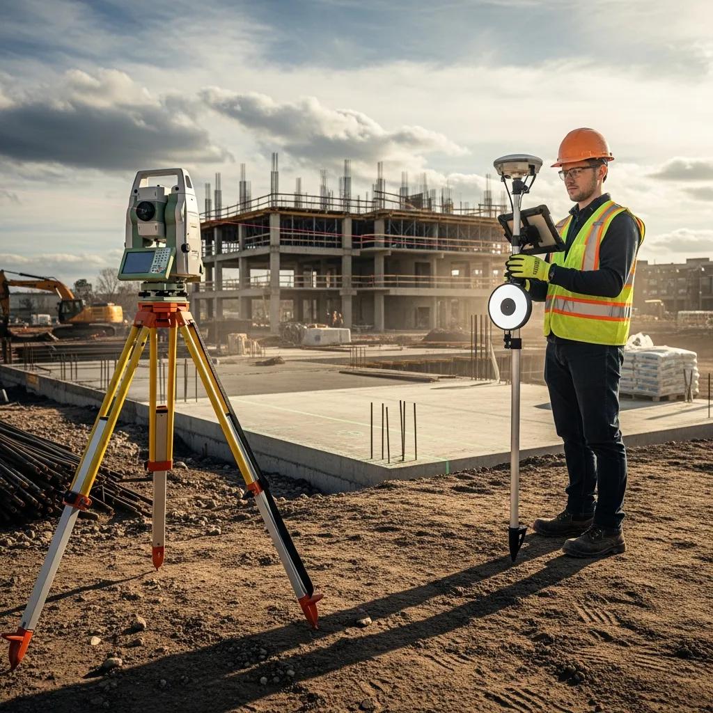 Technician using a robotic total station to set layout control on site