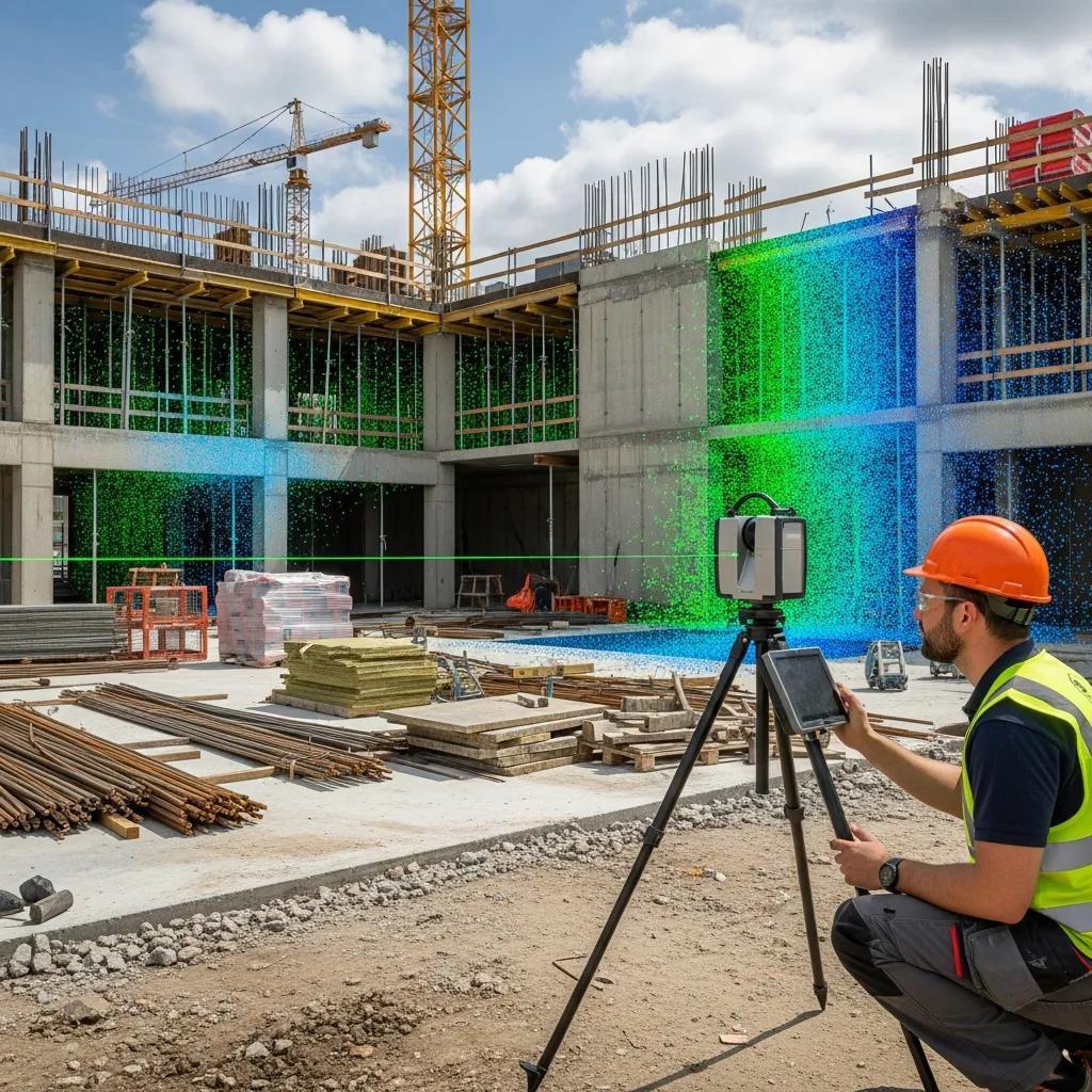 Technician using a terrestrial laser scanner on a construction site to collect point cloud data