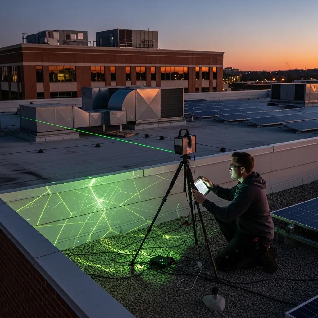 Technician using a 3D laser scanner on a rooftop for retrofit planning