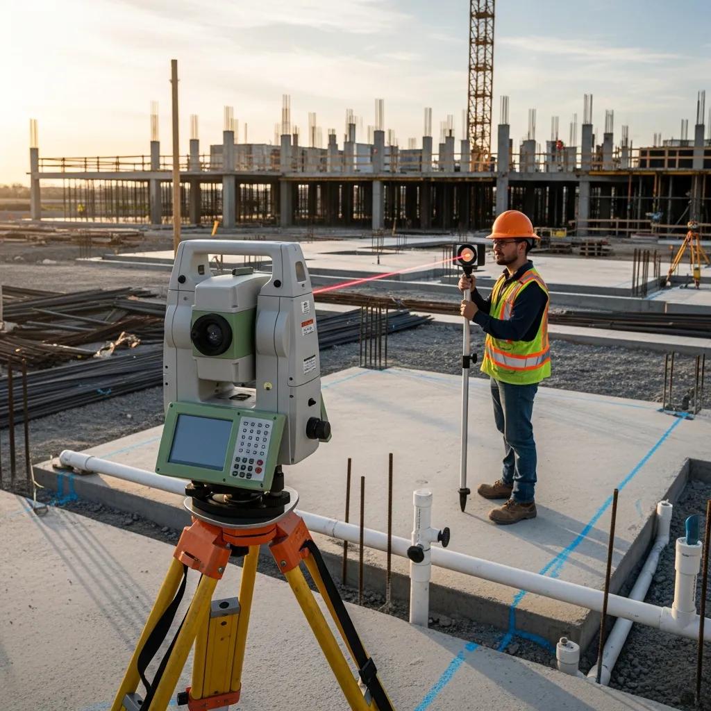Field technician using a robotic total station to transfer BIM coordinates for layout