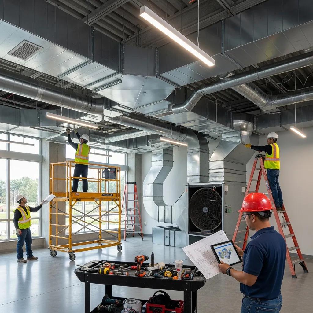 HVAC installation team using BIM-coordinated drawings to verify equipment placement