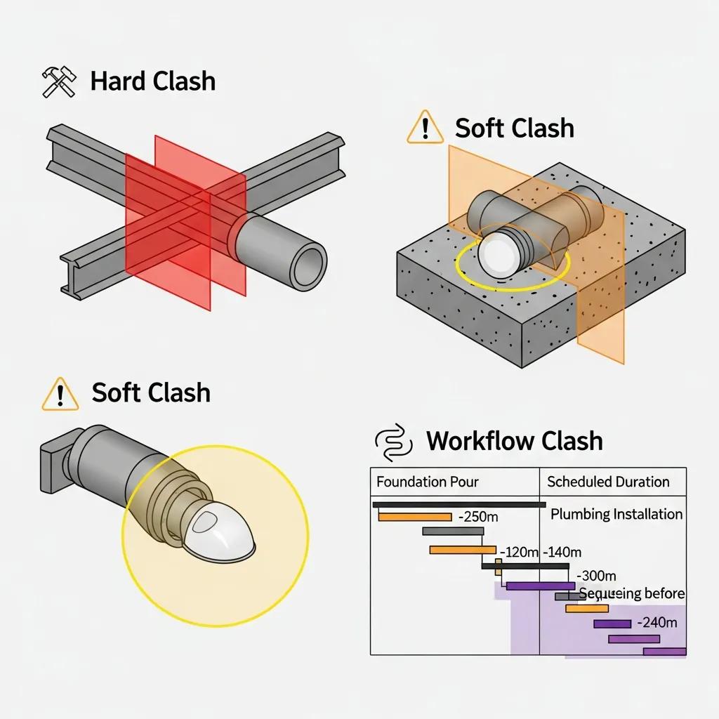 Diagram showing hard, soft, and workflow BIM clashes