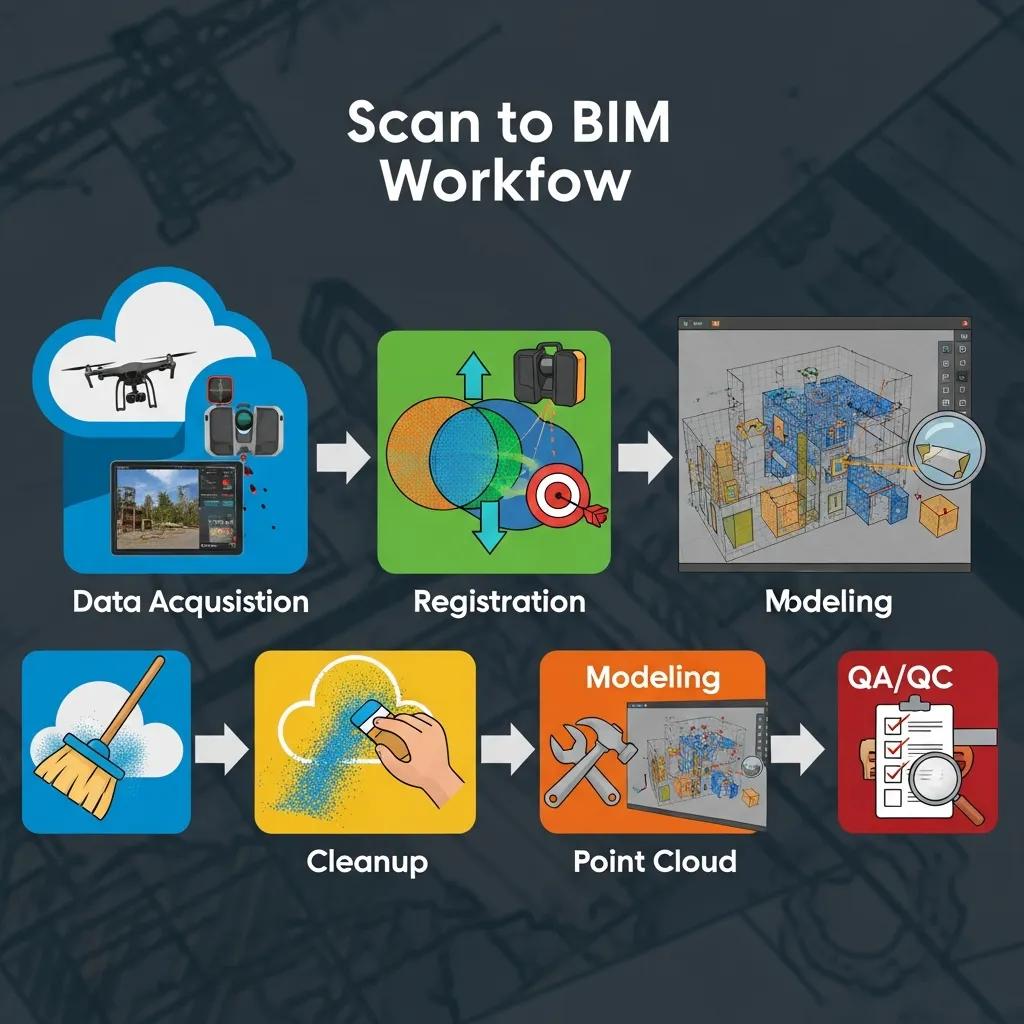 Diagram showing the main stages of the scan to BIM workflow for accuracy and efficiency