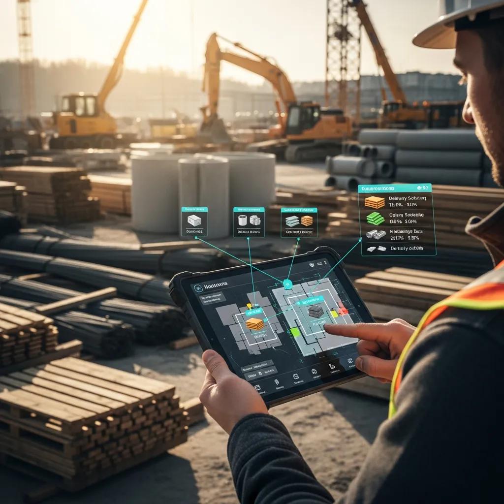 Field technician using a tablet to scan and track construction materials, illustrating digital inventory workflows