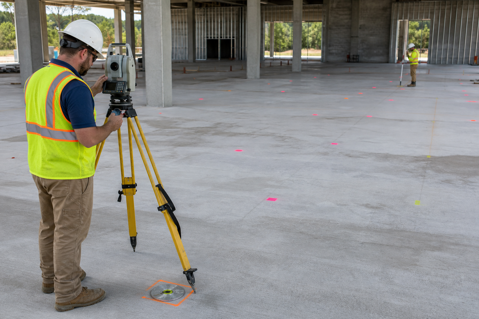 Photorealistic construction scene illustrating construction control and layout responsibility for a commercial project