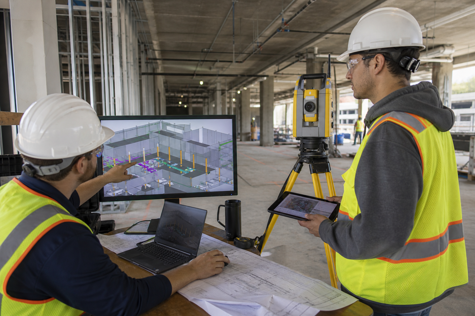 Photorealistic construction scene illustrating BIM data preparation for field layout for a commercial project