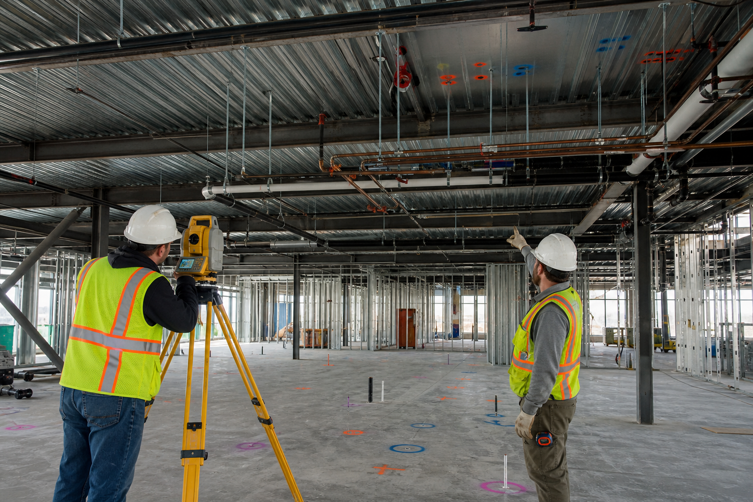 Photorealistic construction scene illustrating coordination sequence for overhead layout for a commercial project