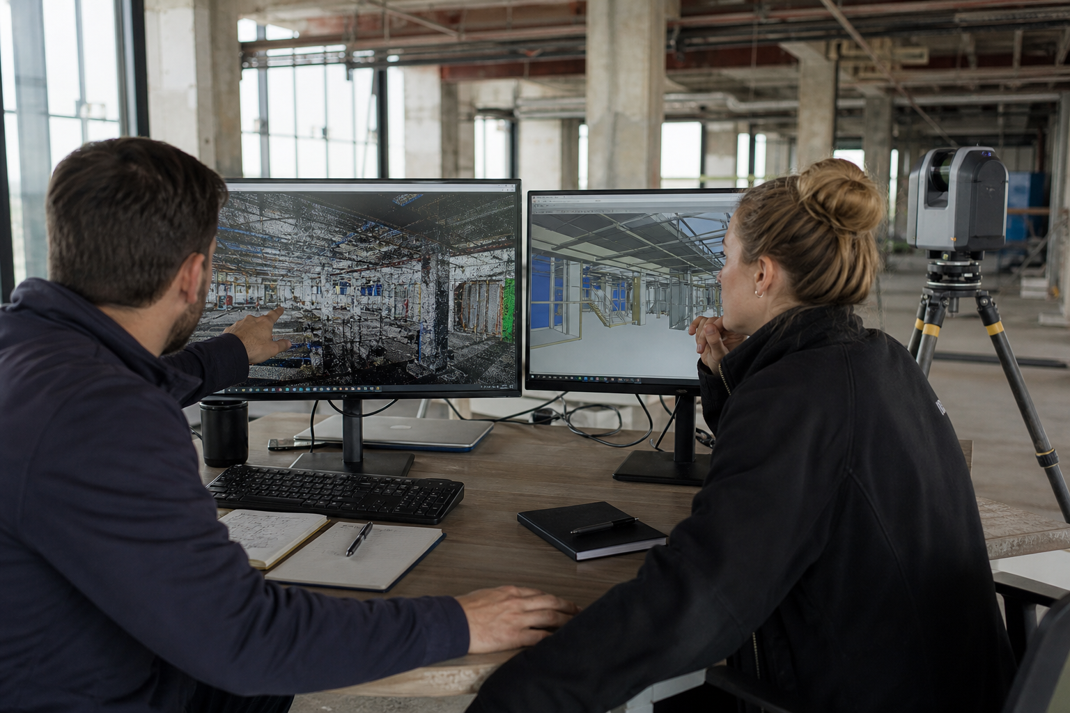 Photorealistic construction scene illustrating point cloud deliverable selection for a commercial project